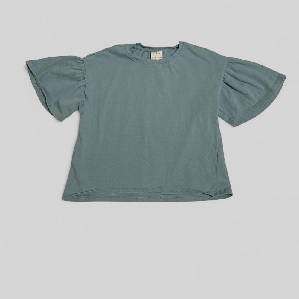Zara Kids Short Sleeve Tee in Muted Teal with Flutter Sleeves